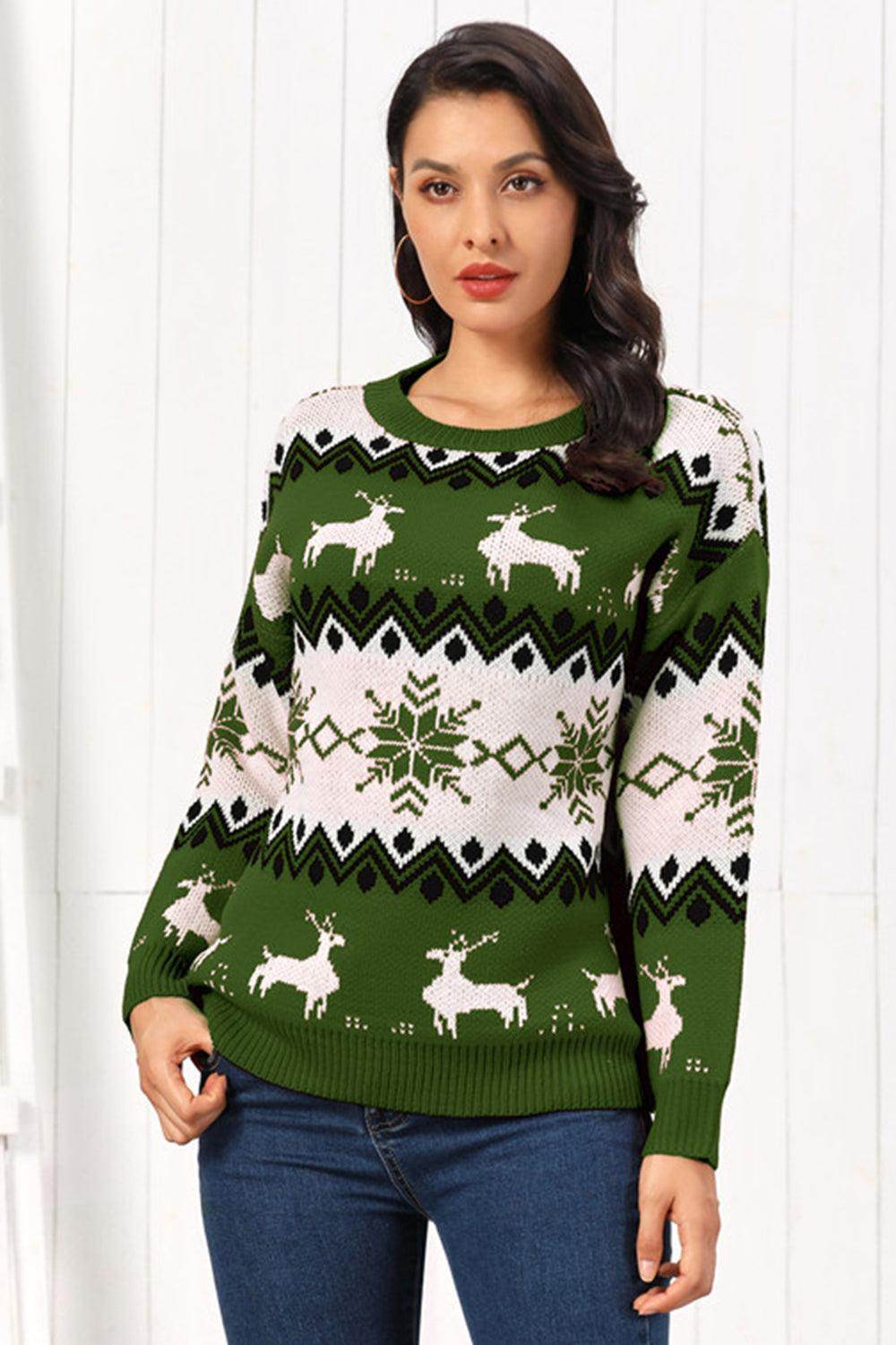 Reindeer Round Neck Sweater for Cozy Winter Style - Selvanelle