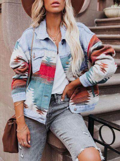 Geometric Button Up Long Sleeve Denim Jacket for Women - Selvanelle
