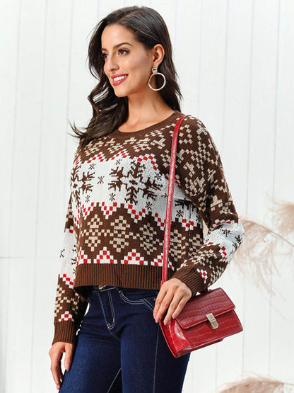 Snowflake Pattern Round Neck Sweater for Cozy Winter Style - Selvanelle
