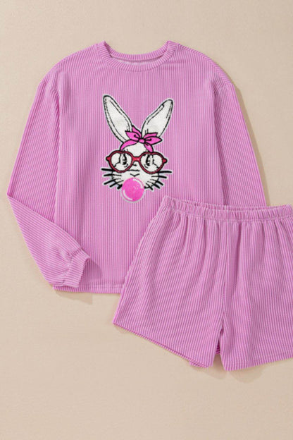 Bubble Gum Rabbit Sequin Corded Rib Top and Shorts Set - Selvanelle