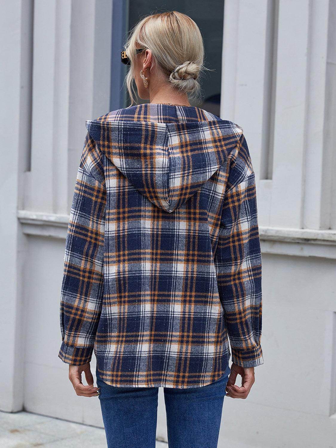 Ivy Lane Plaid Button Up Long Sleeve Hooded Jacket for Women - Selvanelle