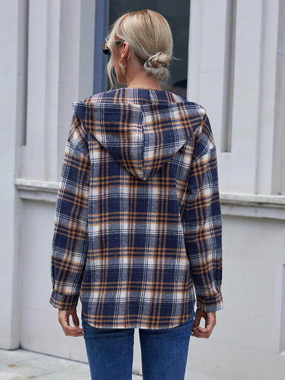 Ivy Lane Plaid Button Up Long Sleeve Hooded Jacket for Women - Selvanelle