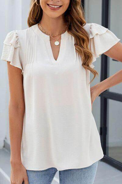 Ruffled Notched Short Sleeve Blouse for Women Fashion - Selvanelle