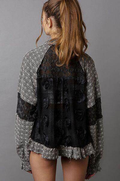 POL Eyelet Flower Pearl Detail Lace Patchwork Shirt For Women - Selvanelle