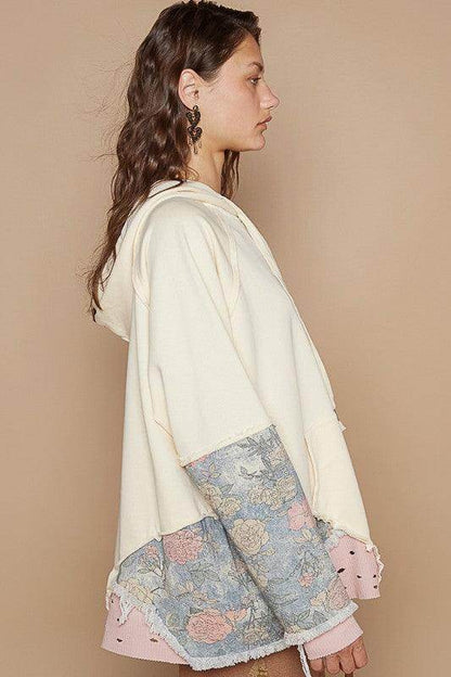 POL Floral Patchwork Distressed Drawstring Hoodie For Women - Selvanelle