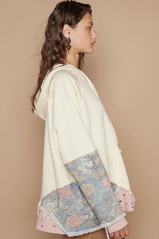 POL Floral Patchwork Distressed Drawstring Hoodie For Women