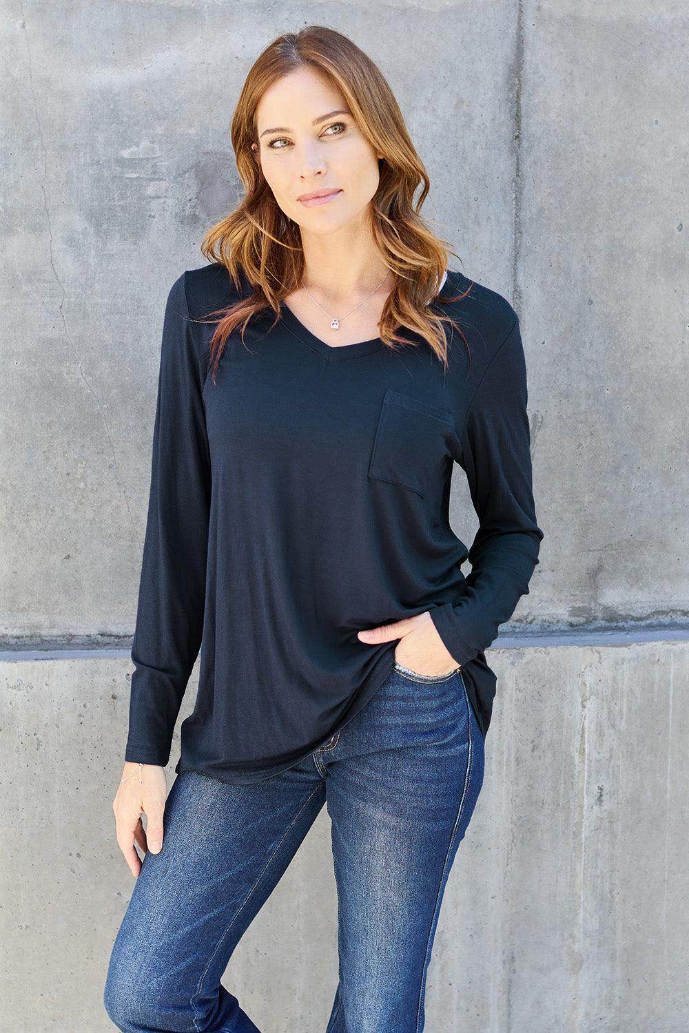 Basic Bae Full Size V-Neck Long Sleeve Top for Women - Selvanelle