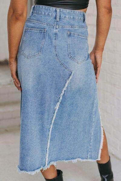 Raw Hem Slit Denim Skirt with Pockets for Women - Selvanelle