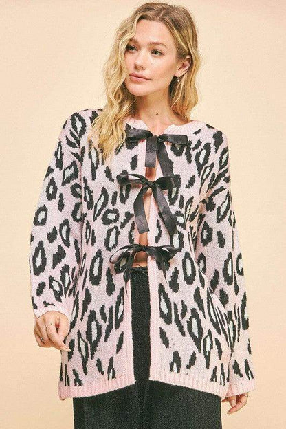 Davi & Dani Leopard Ribbon Tie Front Loose Fit Cardigan - Selvanelle