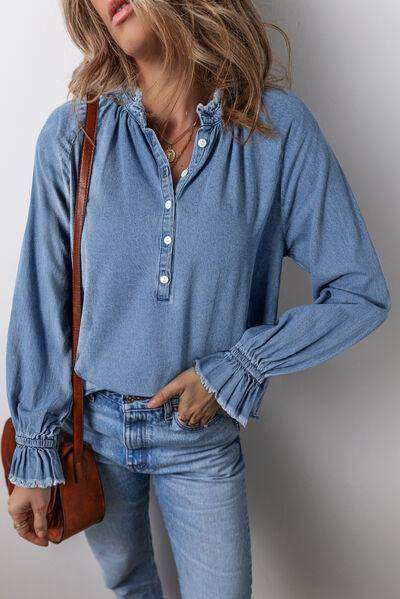 Half Button Long Sleeve Denim Top for Casual Style - Selvanelle