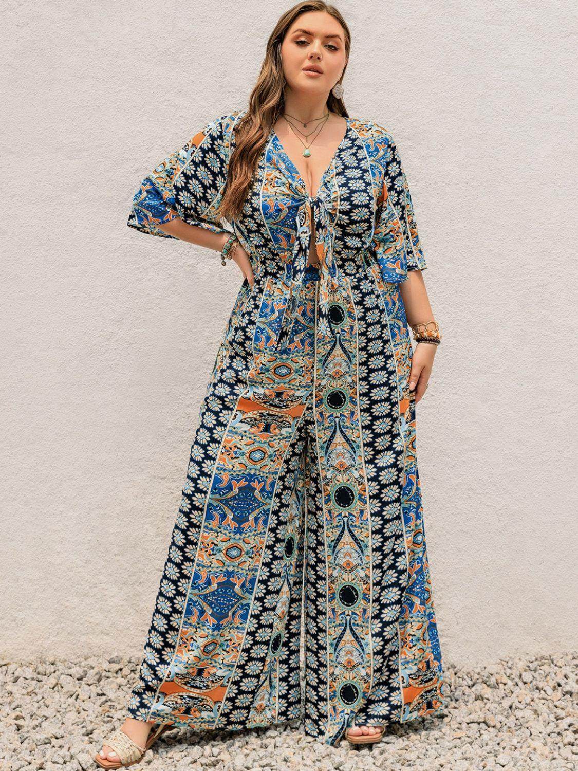 Plus Size Printed Half Sleeve Wide Leg Jumpsuit for Women - Selvanelle