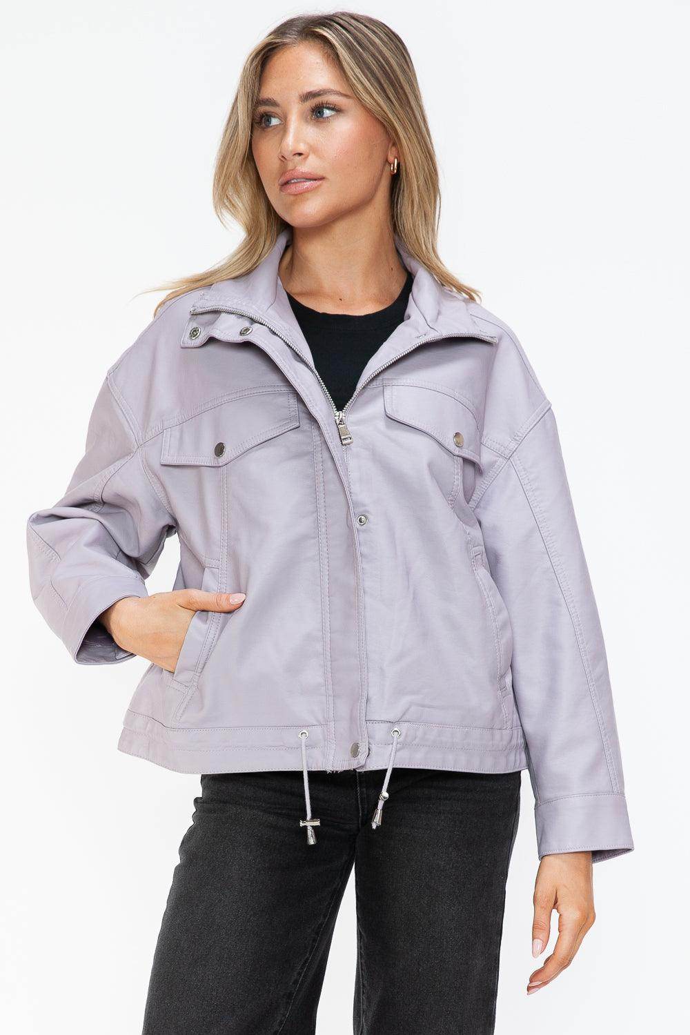 How Dare U Drawstring Hem PU Leather Zip Up Jacket Women - Selvanelle