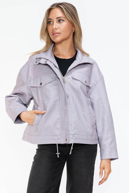 How Dare U Drawstring Hem PU Leather Zip Up Jacket Women - Selvanelle