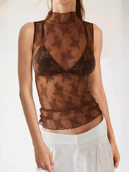 Lace Mock Neck Top for Women in Sheer Polyester Style - Selvanelle