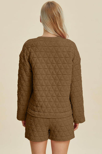 Double Take Full Size Texture Round Neck Long Sleeve Top and Shorts Set for Women - Selvanelle
