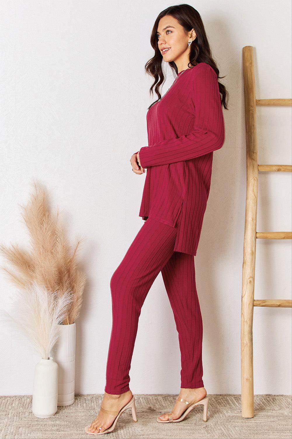 Basic Bae Full Size Ribbed Round Neck High-Low Slit Top Set - Selvanelle