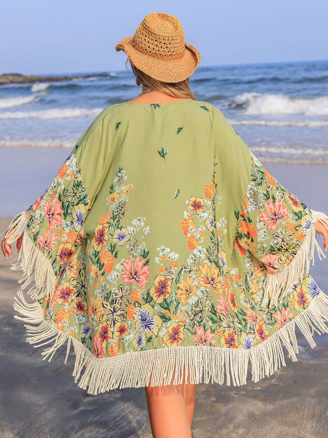 Plus Size Fringe Open Front Cover-Up - Selvanelle