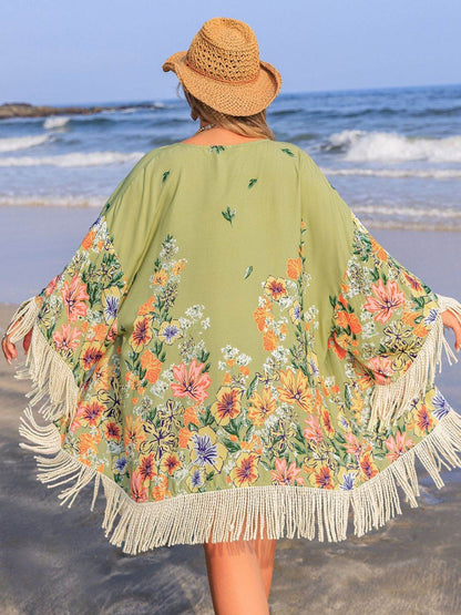 Plus Size Fringe Open Front Cover-Up - Selvanelle