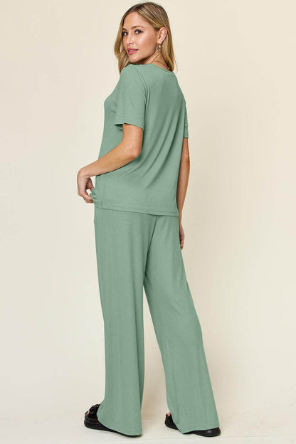 Double Take Full Size Round Neck Short Sleeve T-Shirt Set - Selvanelle