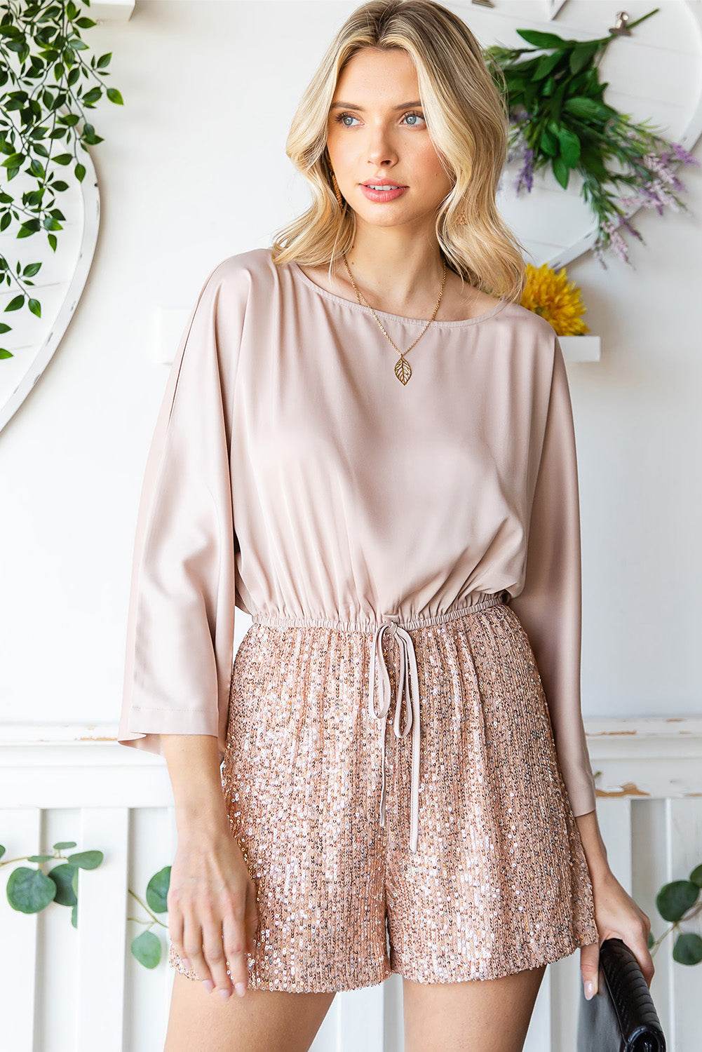Sequin Drawstring Waist Dolman Sleeve Romper - Selvanelle