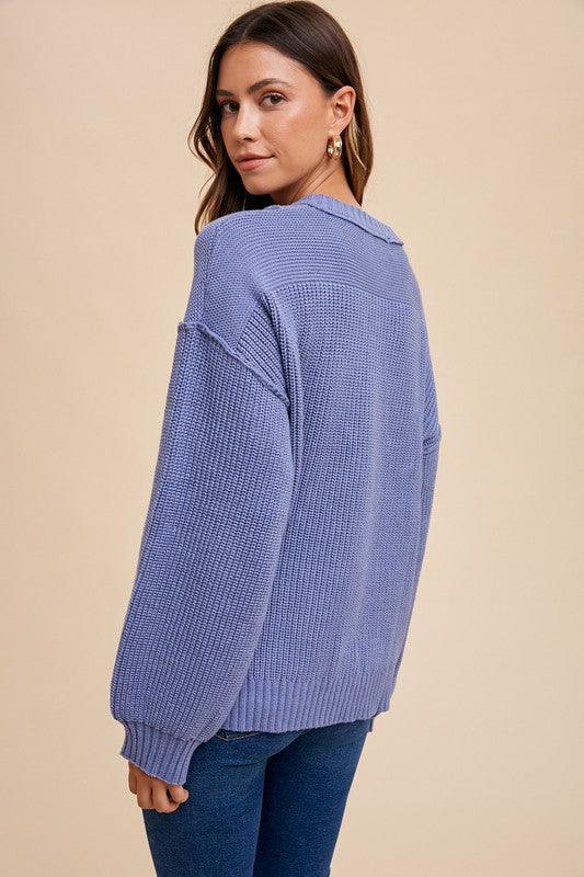 Annie Wear Half Button Ribbed Hem Sweater for Women