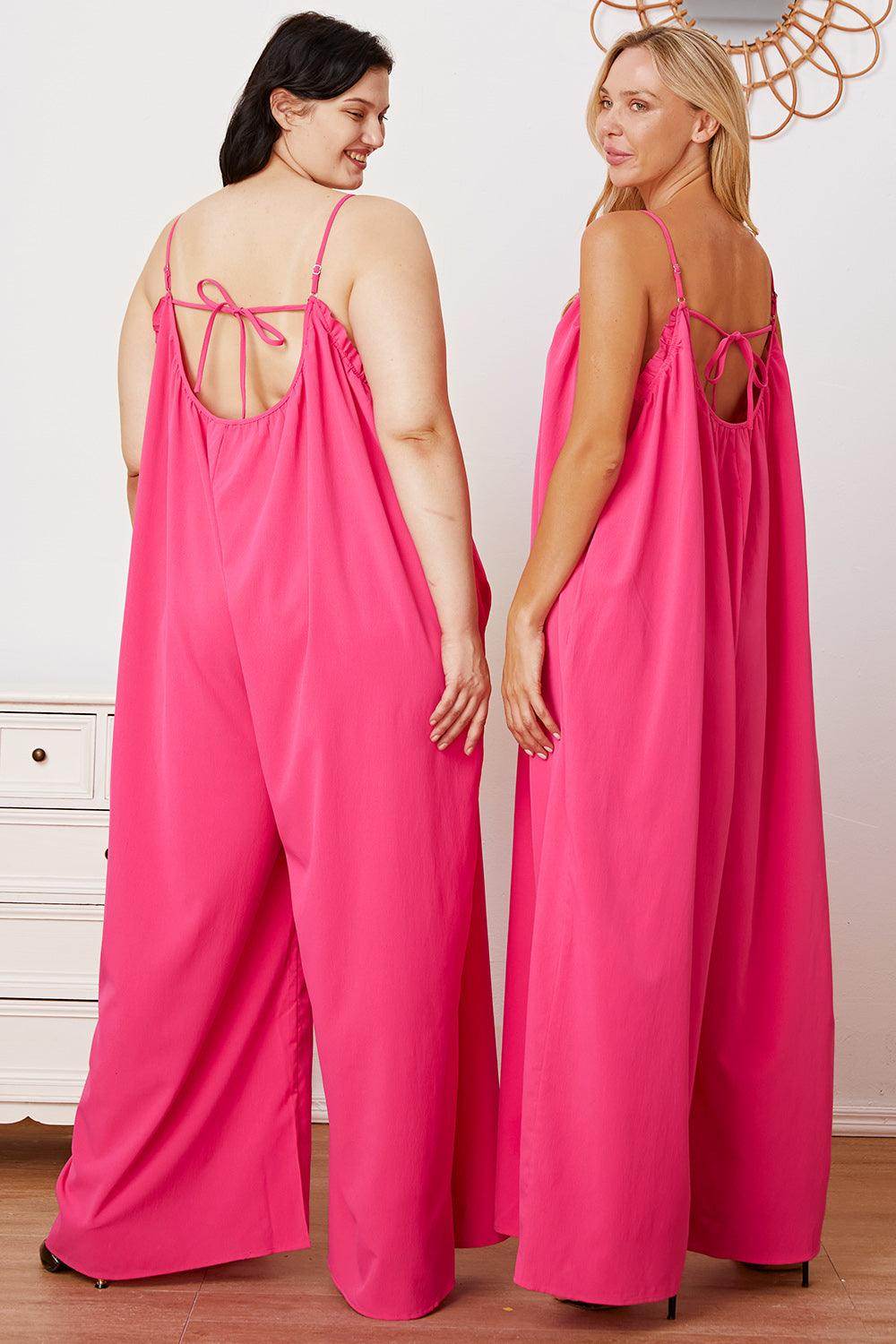 Double Take Full Size Ruffle Trim Tie Back Cami Jumpsuit - Selvanelle