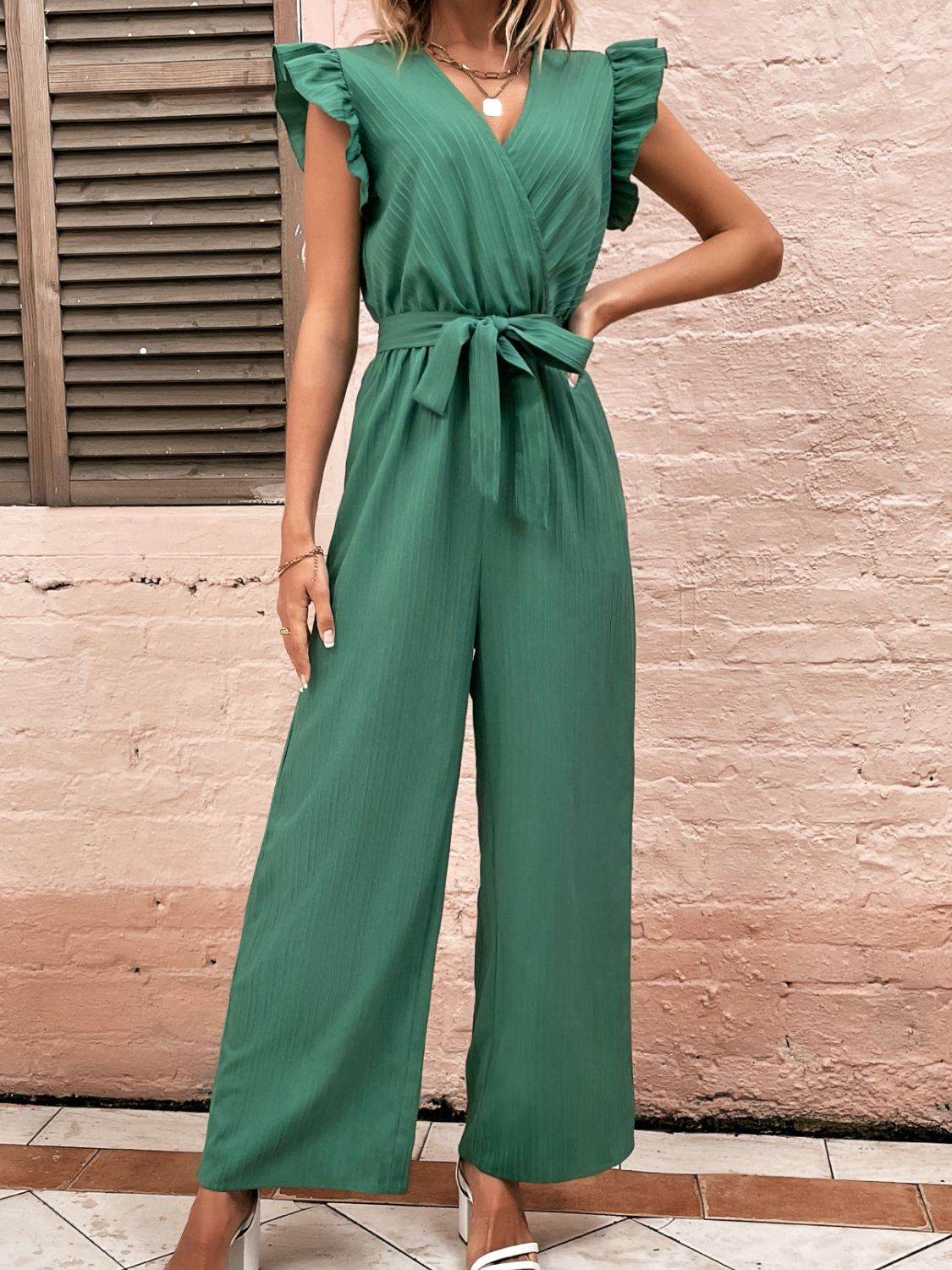 Ruffled Surplice Cap Sleeve Jumpsuit - Selvanelle