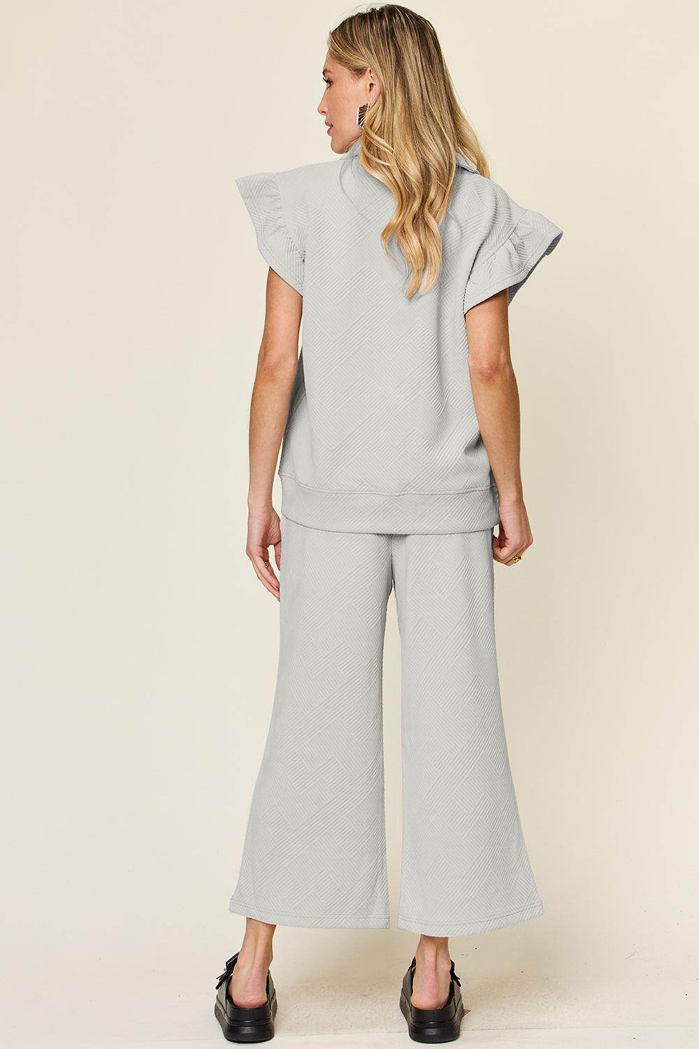 Double Take Texture Ruffle Short Sleeve Top and Pants Set - Selvanelle