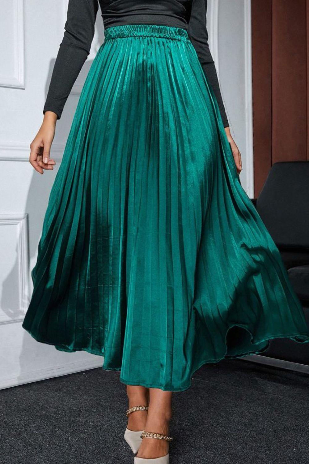 Elastic Waist Pleated Midi Skirt for Stylish Comfort