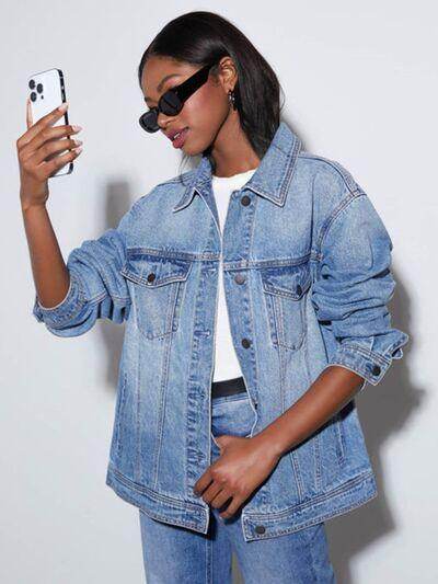 Button Up Collared Neck Denim Jacket for Women Fashion - Selvanelle