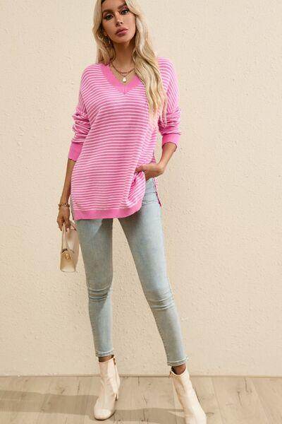 Striped V-Neck Dropped Shoulder Sweater for Women - Selvanelle