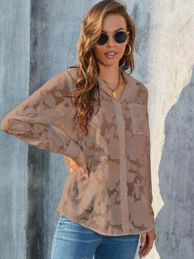 Full Size Collared Neck Long Sleeve Shirt Plus Size Women - Selvanelle