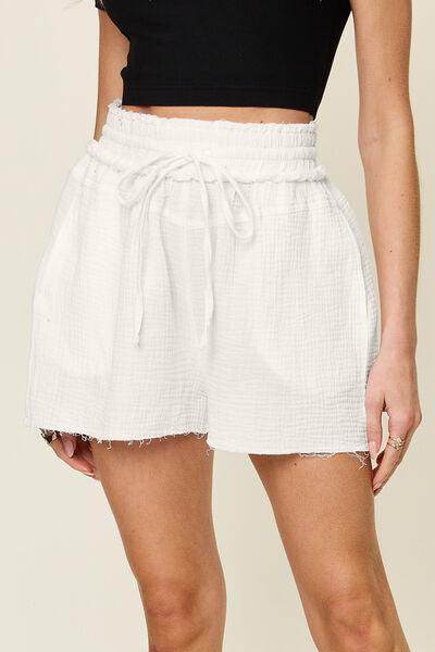 Double Take Full Size Texture Raw Trim Drawstring Shorts - Selvanelle