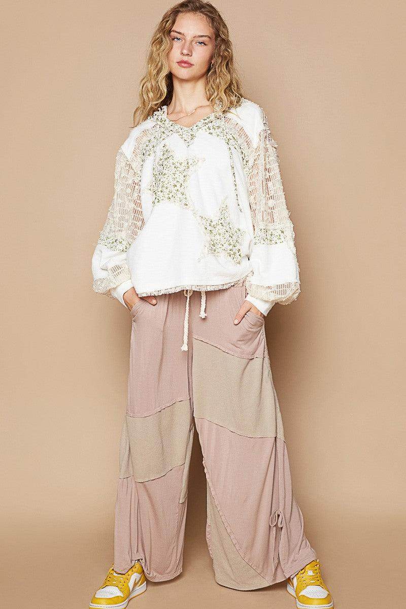 POL Star Patch Lace Contrast Long Sleeve Hooded Top Style - Selvanelle