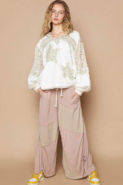 POL Star Patch Lace Contrast Long Sleeve Hooded Top Style - Selvanelle