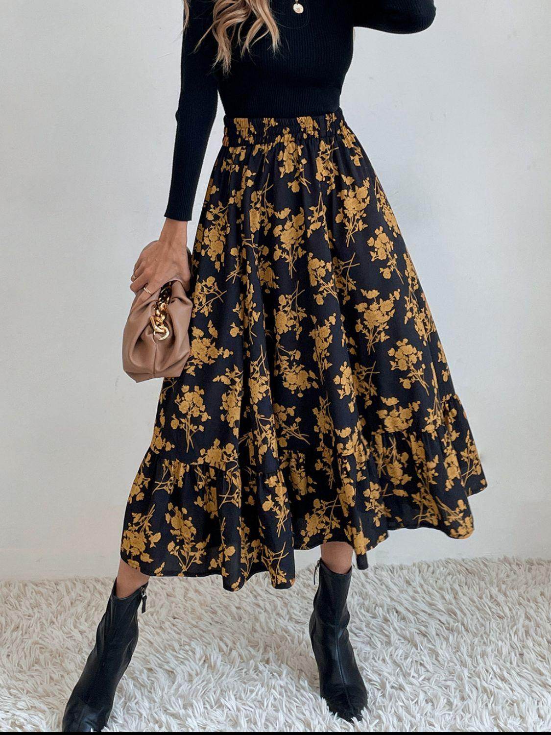 Stylish Printed Elastic Waist Midi Skirt for Everyday Wear - Selvanelle