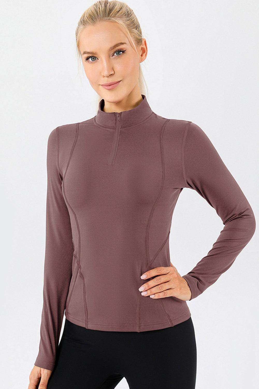 Mock Neck Quarter Zip Active T-Shirt for Women Sports - Selvanelle