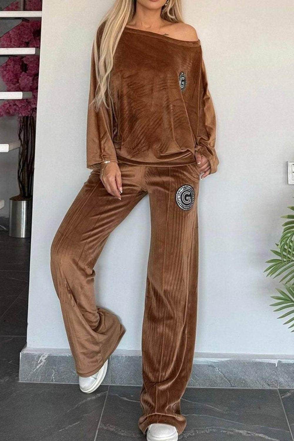 Full Size Boat Neck Long Sleeve Top and Pants Set Outfit - Selvanelle