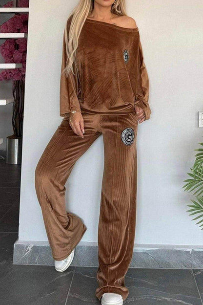 Full Size Boat Neck Long Sleeve Top and Pants Set Outfit - Selvanelle