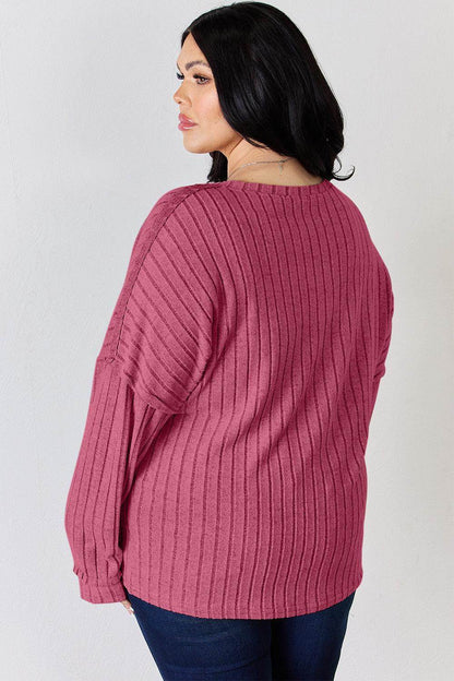 Basic Bae Full Size Ribbed Half Button Long Sleeve T-Shirt - Selvanelle