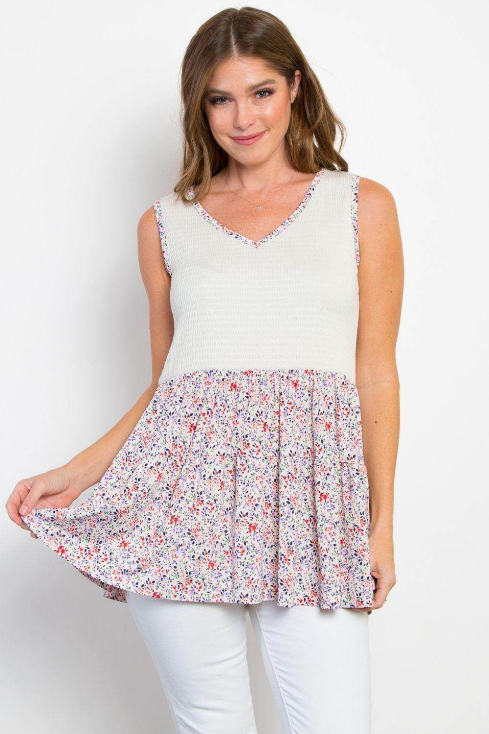 Be Stage Full Size Smocked Printed Peplum Sleeveless Top - Selvanelle