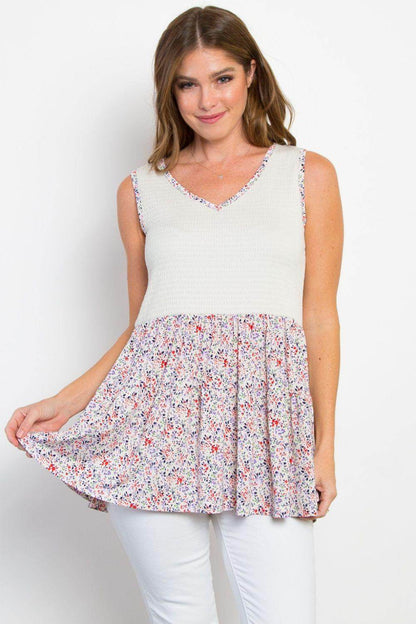 Be Stage Full Size Smocked Printed Peplum Sleeveless Top - Selvanelle