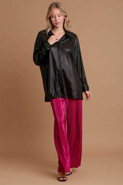 Umgee Side Slit Button Up Long Sleeve Shirt for Women - Selvanelle