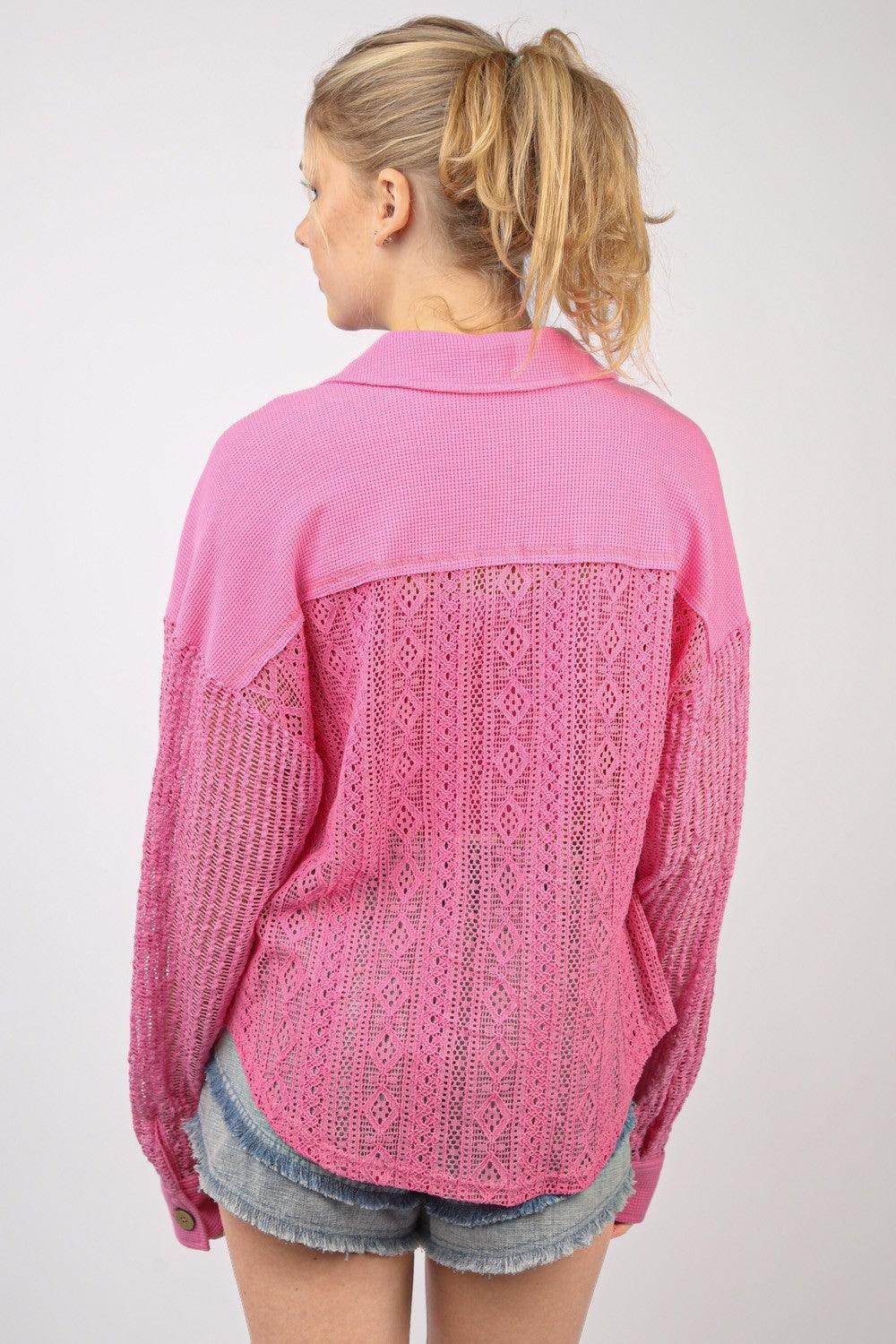Very J Button Up Long Sleeve Lace Shirt for Women - Selvanelle