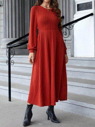 Ribbed Round Neck Long Sleeve Dress for Effortless Style - Selvanelle