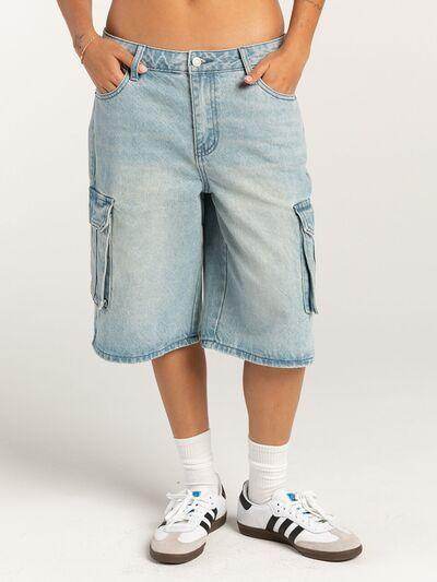 Mid-Rise Waist Denim Shorts with Pockets for Women - Selvanelle
