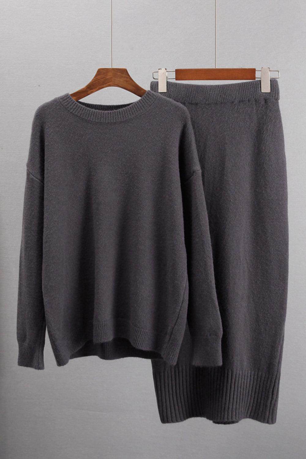 Round Neck Dropped Shoulder Top and Skirt Sweater Set - Selvanelle