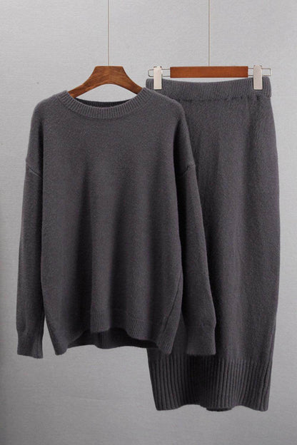 Round Neck Dropped Shoulder Top and Skirt Sweater Set - Selvanelle