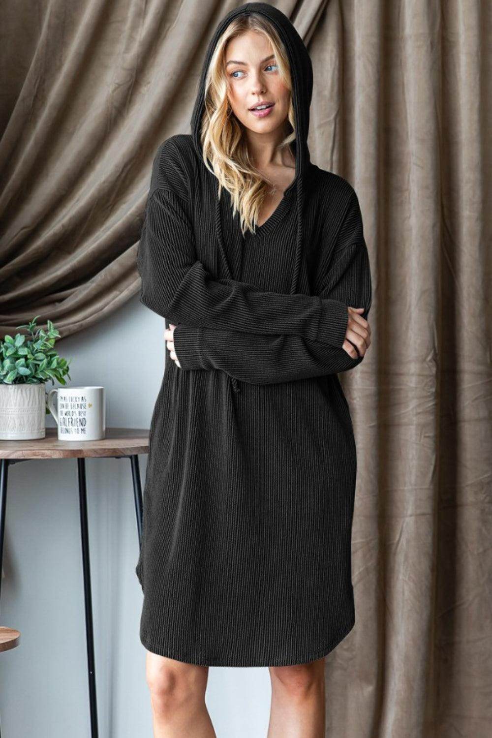 Heimish Ribbed Long Sleeve Hooded Dress for Women - Selvanelle