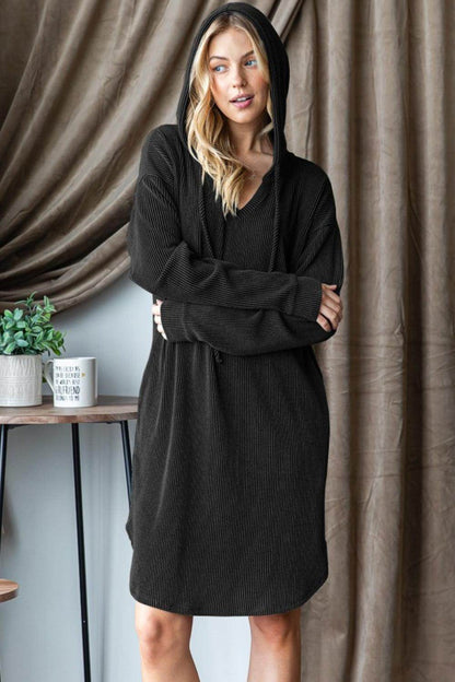 Heimish Ribbed Long Sleeve Hooded Dress for Women - Selvanelle